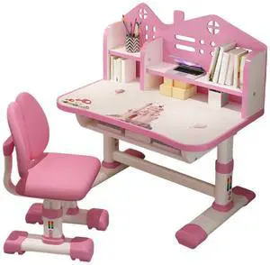 Small Desk, Desk Chair Set, Widened Desktop Multi Separation Cartoon Pattern Kids Adjustable Height Study Table with Drawer Chair(Pink) Small Desk, Desk Chair Set, Widened Desktop Multi Separation Cartoon Pattern Kids Adjustable Height Study Table with Drawer Chair(Pink)