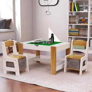 Wooden 3 in 1 Kids Table and Chairs Set with 2 Storage Baskets, Kids Lego Table, Children Activity Table with Book Storage for Reading, Writing, Playing, White Wooden 3 in 1 Kids Table and Chairs Set with 2 Storage Baskets, Kids Lego Table, Children Activity Table with Book Storage for Reading, Writing, Playing, White