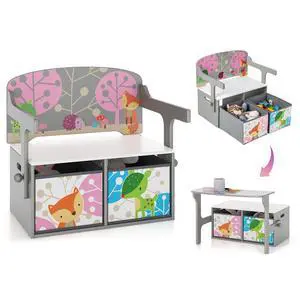 Kids Table and Chair Set, 3-in-1 Convertible Wooden Toy Storage Bench with Handle, 2 Bins for Kids Reading Nook, Toddler Table and Chair Set for Daycare Playroom Classroom (Gray) Kids Table and Chair Set, 3-in-1 Convertible Wooden Toy Storage Bench with Handle, 2 Bins for Kids Reading Nook, Toddler Table and Chair Set for Daycare Playroom Classroom (Gray)