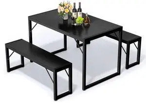 Dining Table Set for 4 with Metal Frame and MDF Board, Space Saving Kitchen Table with 2 Benches, Kitchen Table Set for Apartment, Dining Room, Breakfast Nook, Black Dining Table Set for 4 with Metal Frame and MDF Board, Space Saving Kitchen Table with 2 Benches, Kitchen Table Set for Apartment, Dining Room, Breakfast Nook, Black