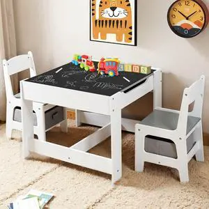 Kids Table and 2 Chairs Set, 2 in 1 Detachable Tabletop, Storage Space W/Storage Drawers, 3 in 1 Wooden Activity Play Table Set for Toddlers Arts, Crafts, Drawing, Reading, Gray Kids Table and 2 Chairs Set, 2 in 1 Detachable Tabletop, Storage Space W/Storage Drawers, 3 in 1 Wooden Activity Play Table Set for Toddlers Arts, Crafts, Drawing, Reading, Gray