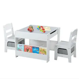 Kids Table and Chair Set, 4-in-1 Wooden Activity Table w/Storage Bins, Detachable Tabletop, Blackboard, Bookshelf, Toddler Table and Chairs for Crafts/Drawing/Reading/Playing, Gray & White Kids Table and Chair Set, 4-in-1 Wooden Activity Table w/Storage Bins, Detachable Tabletop, Blackboard, Bookshelf, Toddler Table and Chairs for Crafts/Drawing/Reading/Playing, Gray & White