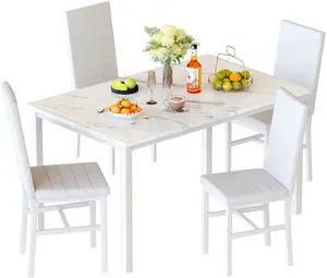 Dining Table Set for 4, 5-Piece Faux Marble Dinner Table Set with 4 Upholstered PU Leather Chairs Kitchen Table Chairs Set Modern Space-Saving Dinette Set for Breakfast Nook Apartment White Dining Table Set for 4, 5-Piece Faux Marble Dinner Table Set with 4 Upholstered PU Leather Chairs Kitchen Table Chairs Set Modern Space-Saving Dinette Set for Breakfast Nook Apartment White