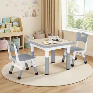Kids Table and 2 Chairs Set, Height Adjustable Toddler Desk, Baby Activity Art Table with Wipe-Clean Desktop, Ergonomic Chair, Anti-Slip Legs, Montessori Education for Daycare, Home, Preschool Kids Table and 2 Chairs Set, Height Adjustable Toddler Desk, Baby Activity Art Table with Wipe-Clean Desktop, Ergonomic Chair, Anti-Slip Legs, Montessori Education for Daycare, Home, Preschool