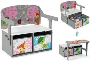 Kids Table and Chair Set, Convertible Toy Storage Bench with 2 Removable Fabric Bins for Kindergarten, Preschool, Kids Room, Playroom, Wood Reading Nook for Toddler Boys Girls Ages 3+ (Grey) Kids Table and Chair Set, Convertible Toy Storage Bench with 2 Removable Fabric Bins for Kindergarten, Preschool, Kids Room, Playroom, Wood Reading Nook for Toddler Boys Girls Ages 3+ (Grey)