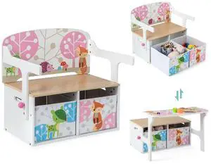 Kids Table and Chair Set, Convertible Toy Storage Bench with 2 Removable Fabric Bins for Kindergarten, Preschool, Kids Room, Playroom, Wood Reading Nook for Kids Boys Girls Ages 3+ (White) Kids Table and Chair Set, Convertible Toy Storage Bench with 2 Removable Fabric Bins for Kindergarten, Preschool, Kids Room, Playroom, Wood Reading Nook for Kids Boys Girls Ages 3+ (White)