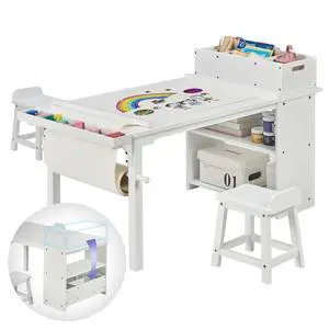 Kids Art Table and Chair Set with Paper Roll Holder, Toddler Craft Table with Storage Shelves, Side Supply Tray, Removable Organizer Caddy and 2 Stools, Drawing Activity Desk for Ages 2-12 Kids Art Table and Chair Set with Paper Roll Holder, Toddler Craft Table with Storage Shelves, Side Supply Tray, Removable Organizer Caddy and 2 Stools, Drawing Activity Desk for Ages 2-12