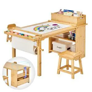 Kids Art Table and Chair Set with Paper Roll Holder, Toddler Craft Table with Storage Shelves, Side Supply Tray, Removable Organizer Caddy and 2 Stools, Drawing Activity Desk for Ages 2-12 Kids Art Table and Chair Set with Paper Roll Holder, Toddler Craft Table with Storage Shelves, Side Supply Tray, Removable Organizer Caddy and 2 Stools, Drawing Activity Desk for Ages 2-12