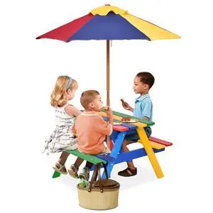 Kids Picnic Table, Toddler Wooden Outdoor Table and Bench Set with Foldable & Removable Umbrella, Kids Picnic Tables for Outdoors Backyard, Gift for Boys Girls(Colorful) Kids Picnic Table, Toddler Wooden Outdoor Table and Bench Set with Foldable & Removable Umbrella, Kids Picnic Tables for Outdoors Backyard, Gift for Boys Girls(Colorful)