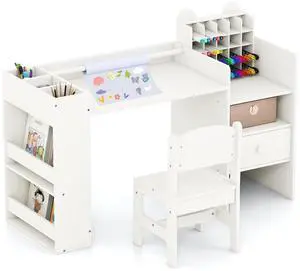 Kids Desk and Chair Set, Art Activity Desk Set with Detachable Paper Roll Holder, Cubby Cabinet, and Multiple Storage Space, 2-in-1 Toddler Table and Chair for Painting, Studying (White) Kids Desk and Chair Set, Art Activity Desk Set with Detachable Paper Roll Holder, Cubby Cabinet, and Multiple Storage Space, 2-in-1 Toddler Table and Chair for Painting, Studying (White)