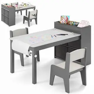 Kids Table and Chairs, 3 in 1 Wooden Art Drawing Desk Set w/ 4 Fabric Bins, Multiple Open Storage Compartments & a Paper Roll, Toddler Table and Chair Set for Children Playroom(Grey) Kids Table and Chairs, 3 in 1 Wooden Art Drawing Desk Set w/ 4 Fabric Bins, Multiple Open Storage Compartments & a Paper Roll, Toddler Table and Chair Set for Children Playroom(Grey)