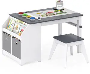 Kids Art Table and Chairs, Wooden Activity Desk Set w/Paper Roll, 4 Paint Cups, Storage Shelves and 2 Fabric Bins for Drawing Playing, Craft Toddler Table Set for Playroom Nursery & Classroom Kids Art Table and Chairs, Wooden Activity Desk Set w/Paper Roll, 4 Paint Cups, Storage Shelves and 2 Fabric Bins for Drawing Playing, Craft Toddler Table Set for Playroom Nursery & Classroom