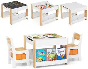 Kids Table and Chairs, 4 in 1 Wooden Activity Table with Bookshelves, Reversible Tabletop, Chalkboard for Crafts, Drawing, Toddler Table and Chair Set, Easy to Clean (White + Natural) Kids Table and Chairs, 4 in 1 Wooden Activity Table with Bookshelves, Reversible Tabletop, Chalkboard for Crafts, Drawing, Toddler Table and Chair Set, Easy to Clean (White + Natural)