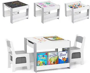 Kids Table and Chairs, 4 in 1 Wooden Activity Table with Bookshelves, Reversible Tabletop, Chalkboard for Crafts, Drawing, Toddler Table and Chair Set, Easy to Clean (White + Gray) Kids Table and Chairs, 4 in 1 Wooden Activity Table with Bookshelves, Reversible Tabletop, Chalkboard for Crafts, Drawing, Toddler Table and Chair Set, Easy to Clean (White + Gray)