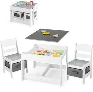 Kids Table and Chairs, 3 in 1 Wooden Activity Table with Storage, Reversible Tabletop, Chalkboard for Crafts, Drawing, Reading, Toddler Table and Chair Set for Playroom, Easy to Clean(Grey) Kids Table and Chairs, 3 in 1 Wooden Activity Table with Storage, Reversible Tabletop, Chalkboard for Crafts, Drawing, Reading, Toddler Table and Chair Set for Playroom, Easy to Clean(Grey)