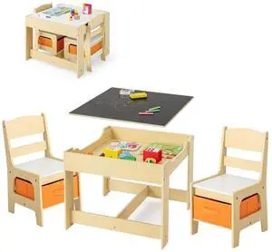 Kids Table and Chairs, 3 in 1 Wooden Activity Table with Storage, Reversible Tabletop, Chalkboard for Crafts, Drawing, Reading, Toddler Table and Chair Set for Playroom, Easy to Clean(Natural) Kids Table and Chairs, 3 in 1 Wooden Activity Table with Storage, Reversible Tabletop, Chalkboard for Crafts, Drawing, Reading, Toddler Table and Chair Set for Playroom, Easy to Clean(Natural)