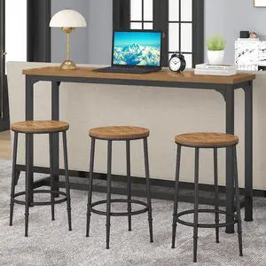 Bar Table Set for 3, 4 Piece Console Table with 3 Stools, Counter Height Sofa Table Set with 3 Chairs for Breakfast Nook, Living Room and Apartment (Brown) Bar Table Set for 3, 4 Piece Console Table with 3 Stools, Counter Height Sofa Table Set with 3 Chairs for Breakfast Nook, Living Room and Apartment (Brown)