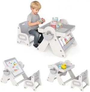 Kids Table and Chair Set, 9-in-1 Height Adjustable Art Easel w/Whiteboard, Building Block Tabletop, Bookshelf, Sand/Water Table, Storage, Folding Toddler Table and Chair Set (Gray) Kids Table and Chair Set, 9-in-1 Height Adjustable Art Easel w/Whiteboard, Building Block Tabletop, Bookshelf, Sand/Water Table, Storage, Folding Toddler Table and Chair Set (Gray)
