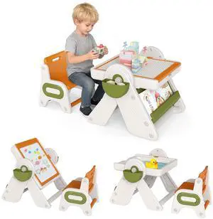 Kids Table and Chair Set, 9-in-1 Height Adjustable Art Easel w/Whiteboard, Building Block Tabletop, Bookshelf, Sand/Water Table, Storage, Folding Toddler Table and Chair Set (Orange) Kids Table and Chair Set, 9-in-1 Height Adjustable Art Easel w/Whiteboard, Building Block Tabletop, Bookshelf, Sand/Water Table, Storage, Folding Toddler Table and Chair Set (Orange)