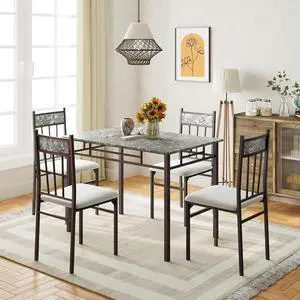 5-Piece Dining Table Set for 4, Kitchen Table and Upholstered Chairs Set with Faux Marble Tabletop & Metal Frame, Space-Saving Dinette Set for Breakfast Nook, Small Space, Grey 5-Piece Dining Table Set for 4, Kitchen Table and Upholstered Chairs Set with Faux Marble Tabletop & Metal Frame, Space-Saving Dinette Set for Breakfast Nook, Small Space, Grey