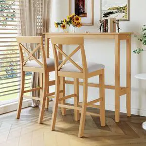 3 Piece Pub Table and Chair Set, Small Wood Counter Height Bar Table Set for 2, Breakfast Nook Table Set, 3 Piece High Top Dining Table for Kitchen, Natural 3 Piece Pub Table and Chair Set, Small Wood Counter Height Bar Table Set for 2, Breakfast Nook Table Set, 3 Piece High Top Dining Table for Kitchen, Natural