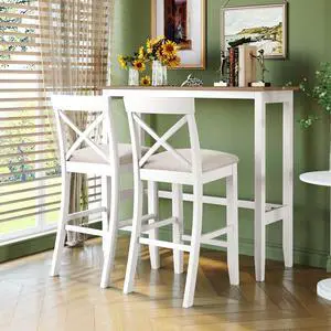 3 Piece Pub Table and Chair Set, Small Wood Counter Height Bar Table Set for 2, Breakfast Nook Table Set, 3 Piece High Top Dining Table for Kitchen, White + Beige 3 Piece Pub Table and Chair Set, Small Wood Counter Height Bar Table Set for 2, Breakfast Nook Table Set, 3 Piece High Top Dining Table for Kitchen, White + Beige