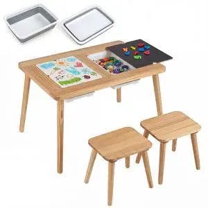 Toddler Sensory Table and Chairs, Wooden Table and Chair Set w/Double-Sided Boards & 2 Foldable Storage Bins, All-in-One Kids Activity Table for Drawing, Sand and Water Play (3 PCS,Natural) Toddler Sensory Table and Chairs, Wooden Table and Chair Set w/Double-Sided Boards & 2 Foldable Storage Bins, All-in-One Kids Activity Table for Drawing, Sand and Water Play (3 PCS,Natural)