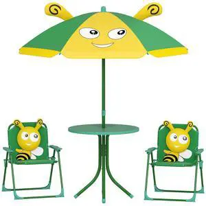 Kids Picnic Table and Chair Set, Outdoor Activity Table with Foldable Chairs, Removable Umbrella, Bee Pattern Toddler Patio Furniture for Backyard, Garden, Green Kids Picnic Table and Chair Set, Outdoor Activity Table with Foldable Chairs, Removable Umbrella, Bee Pattern Toddler Patio Furniture for Backyard, Garden, Green