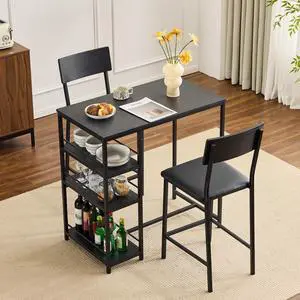Dining Table Set for 2, Kitchen Breakfast Counter Height Small 3 Piece Bar Table and Chairs Set with Storage, Black Dining Table Set for 2, Kitchen Breakfast Counter Height Small 3 Piece Bar Table and Chairs Set with Storage, Black