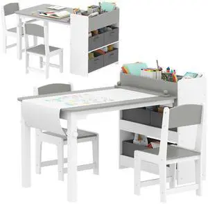 Kids Art Table & Easel Chair Set with Paper Roll, Toddler Desk and Chairs Set with Storage Shelves and Drawers, Activity Craft and Play Table for Writing Drawing Aged 3-8 Years Old, Gray Kids Art Table & Easel Chair Set with Paper Roll, Toddler Desk and Chairs Set with Storage Shelves and Drawers, Activity Craft and Play Table for Writing Drawing Aged 3-8 Years Old, Gray