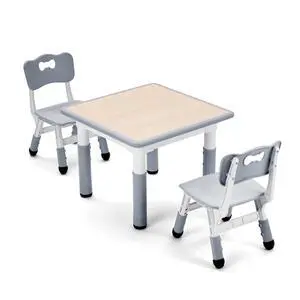 Kids 23""x23"" Three Piece Study Table and Chairs Set, Height Adjustable Plastic Children Art Desk with 2 Seats, Kids Multipurpose Activity Table Set (Maple Top with Grey Border), KT-TCO1 Kids 23""x23"" Three Piece Study Table and Chairs Set, Height Adjustable Plastic Children Art Desk with 2 Seats, Kids Multipurpose Activity Table Set (Maple Top with Grey Border), KT-TCO1