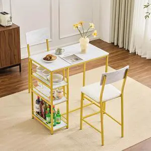 Dining Table Set for 2, Kitchen Breakfast Counter Height Small 3 Piece Bar Table and Chairs Set with Storage, White Imitation Marble, Golden Frame Dining Table Set for 2, Kitchen Breakfast Counter Height Small 3 Piece Bar Table and Chairs Set with Storage, White Imitation Marble, Golden Frame
