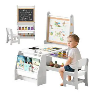Kids Art Table, Wooden Arts and Crafts Activity Set w/Adjustable Magnetic Whiteboard & Chalkboard, Paper Roll, Bookshelves & Storage Shelves, Toddler Table and Chair Set (Gray) Kids Art Table, Wooden Arts and Crafts Activity Set w/Adjustable Magnetic Whiteboard & Chalkboard, Paper Roll, Bookshelves & Storage Shelves, Toddler Table and Chair Set (Gray)