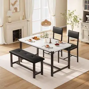 4-Piece Dining Table Set with Bench, Rustic Wood Table with Upholstered Chairs, Space-Saving Kitchen Table Set for Dining Room, Apartment, Small Spaces, White Marble 4-Piece Dining Table Set with Bench, Rustic Wood Table with Upholstered Chairs, Space-Saving Kitchen Table Set for Dining Room, Apartment, Small Spaces, White Marble