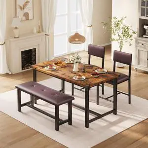 4-Piece Dining Table Set with Bench, Rustic Wood Table with Upholstered Chairs, Space-Saving Kitchen Table Set for Dining Room, Apartment, Small Spaces, Retro Brown 4-Piece Dining Table Set with Bench, Rustic Wood Table with Upholstered Chairs, Space-Saving Kitchen Table Set for Dining Room, Apartment, Small Spaces, Retro Brown