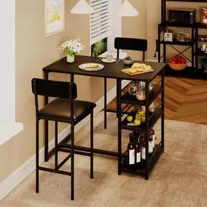 Dining Table Set for 2 with 3 Storage Shelves, 3-Piece Counter Height Kitchen Table Set with 2 Upholstered Bar Stools, Bar Table and Chairs Set for Small Space, Black Dining Table Set for 2 with 3 Storage Shelves, 3-Piece Counter Height Kitchen Table Set with 2 Upholstered Bar Stools, Bar Table and Chairs Set for Small Space, Black