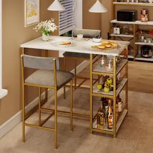 Dining Table Set for 2 with 3 Storage Shelves, 3-Piece Counter Height Kitchen Table Set with 2 Upholstered Bar Stools, Bar Table and Chairs Set for Small Space, Marble White Dining Table Set for 2 with 3 Storage Shelves, 3-Piece Counter Height Kitchen Table Set with 2 Upholstered Bar Stools, Bar Table and Chairs Set for Small Space, Marble White