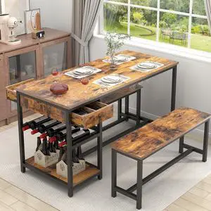 Dining Table Set for 4-6 People, 54.7" Kitchen Dinner Table with 2 Bench, Dining Room Tables Set with Storage Drawer & Shelf, 3-Piece Breakfast Nook Tables with Wine Rack &Glass Holder (Rustic) Dining Table Set for 4-6 People, 54.7" Kitchen Dinner Table with 2 Bench, Dining Room Tables Set with Storage Drawer & Shelf, 3-Piece Breakfast Nook Tables with Wine Rack &Glass Holder (Rustic)