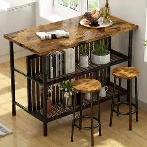 3 Piece Bar Table and Chairs Set, Industrial Bar Table Set for 2 Kitchen Island with Seating,Counter Height Table with Storage Shelves,Dining Room Table Set for Kitchen,Walnut 3 Piece Bar Table and Chairs Set, Industrial Bar Table Set for 2 Kitchen Island with Seating,Counter Height Table with Storage Shelves,Dining Room Table Set for Kitchen,Walnut