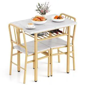 3-Piece Dining Table Set, Rectangular Kitchen Table with Storage Rack and 2 Dining Chairs, Heavy-Duty Metal Frame, Space-Saving Dinette Set for Breakfast Nook, Apartment (White + Gold) 3-Piece Dining Table Set, Rectangular Kitchen Table with Storage Rack and 2 Dining Chairs, Heavy-Duty Metal Frame, Space-Saving Dinette Set for Breakfast Nook, Apartment (White + Gold)
