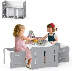 Kids Table and Chairs, All in One Wooden Activity Desk Set, Bench, Storage Shelves for Home, School and Kindergarten, 3 PCS Toddler Table and Chair Set (Gray) Kids Table and Chairs, All in One Wooden Activity Desk Set, Bench, Storage Shelves for Home, School and Kindergarten, 3 PCS Toddler Table and Chair Set (Gray)