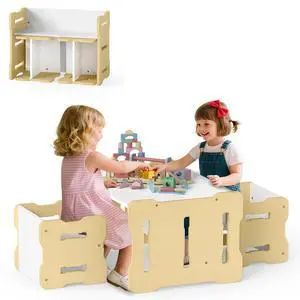 Kids Table and Chairs, All in One Wooden Activity Desk Set, Bench, Storage Shelves for Home, School and Kindergarten, 3 PCS Toddler Table and Chair Set (Natural) Kids Table and Chairs, All in One Wooden Activity Desk Set, Bench, Storage Shelves for Home, School and Kindergarten, 3 PCS Toddler Table and Chair Set (Natural)
