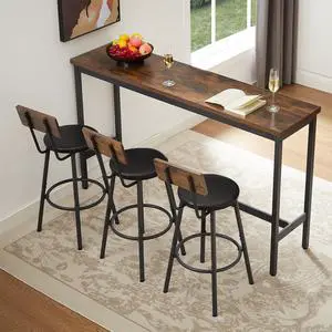 4 Piece Long Bar Table and Chairs Set, Industrial Counter Height Dining Table Set with Sofa Bar Table and 3 Upholstered Stools with backrest for Breakfast Nook Living Room Small Space(Brown) 4 Piece Long Bar Table and Chairs Set, Industrial Counter Height Dining Table Set with Sofa Bar Table and 3 Upholstered Stools with backrest for Breakfast Nook Living Room Small Space(Brown)
