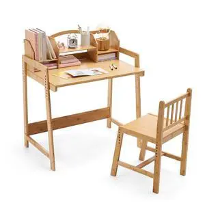 Kids Desk and Chair Set, Height Adjustable Bamboo Study Desk with Removable Hutch and Storage, Ergonomic Children Writing Table for Homework, Reading and Art, Ages 3-12 Kids Desk and Chair Set, Height Adjustable Bamboo Study Desk with Removable Hutch and Storage, Ergonomic Children Writing Table for Homework, Reading and Art, Ages 3-12