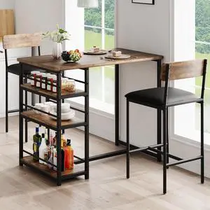 Rustic Brown 3-Piece Counter Height Bar Kitchen Table Set with 3 Storage Shelves for Small Spaces, Apartment, Dining Table and 2 Upholstered Bar Height Chairs Rustic Brown 3-Piece Counter Height Bar Kitchen Table Set with 3 Storage Shelves for Small Spaces, Apartment, Dining Table and 2 Upholstered Bar Height Chairs