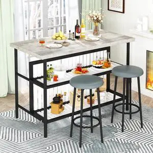 3 Piece Bar Table and Chairs Set, Industrial Bar Table Set with Storage Shelves,Marble Counter Height Island with 2 Bar Stools,Modern Pub Island for Kitchen,Grey 3 Piece Bar Table and Chairs Set, Industrial Bar Table Set with Storage Shelves,Marble Counter Height Island with 2 Bar Stools,Modern Pub Island for Kitchen,Grey