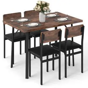 5-Piece Dining Table Set for 4, Industrial Kitchen Table and 4 PU Leather Upholstered Chairs with Metal Leg, Padded Seat, Space-Saving Dinette Set for Small Space Apartment Breakfast Nook 5-Piece Dining Table Set for 4, Industrial Kitchen Table and 4 PU Leather Upholstered Chairs with Metal Leg, Padded Seat, Space-Saving Dinette Set for Small Space Apartment Breakfast Nook