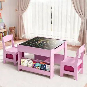 Kids Table and Chairs Set, 4 in 1 Toddler Art Desk with Storage Drawer, Wooden Activity Deskboard, Blackboard, Reversible & Detachable Tabletop, Bookshelf for Drawing, Reading (Pink) Kids Table and Chairs Set, 4 in 1 Toddler Art Desk with Storage Drawer, Wooden Activity Deskboard, Blackboard, Reversible & Detachable Tabletop, Bookshelf for Drawing, Reading (Pink)