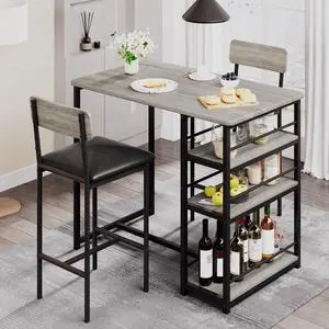 Bar Table and Chair Set with Three Shelves Small 2-Person Dining Table with 2 upholstered stools with backrests Suitable for Restaurants and bistros - Gray Bar Table and Chair Set with Three Shelves Small 2-Person Dining Table with 2 upholstered stools with backrests Suitable for Restaurants and bistros - Gray