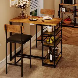 Bar Table and Chair Set with Three Shelves Small 2-Person Dining Table with 2 Upholstered Stools with Backrests Suitable for Restaurants and Bistros -Vintage Color Bar Table and Chair Set with Three Shelves Small 2-Person Dining Table with 2 Upholstered Stools with Backrests Suitable for Restaurants and Bistros -Vintage Color